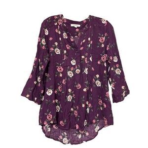New Monday‎ Fun Top M Floral Roses 3/4 Sleeve Pullover Blouse Tunic Hi Low Boho